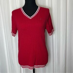 Tommy Hilfiger Women's Ribbed V-Neck Top MED Red White Trim Short Sleeve Logo